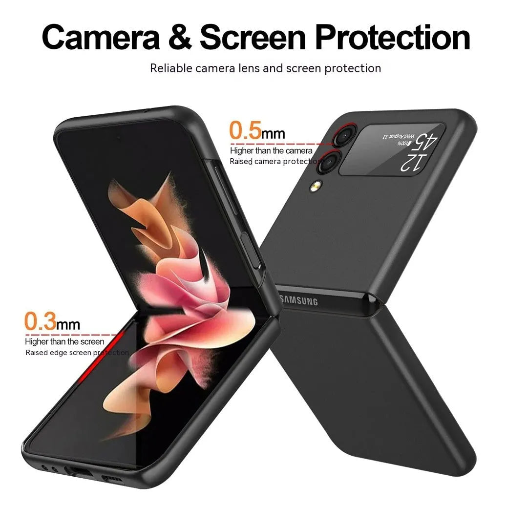 Oil injection foldable phone case for Samsung Galaxy Z Flip 3 and Z Flip 4 in black, with mirror finish and bracket