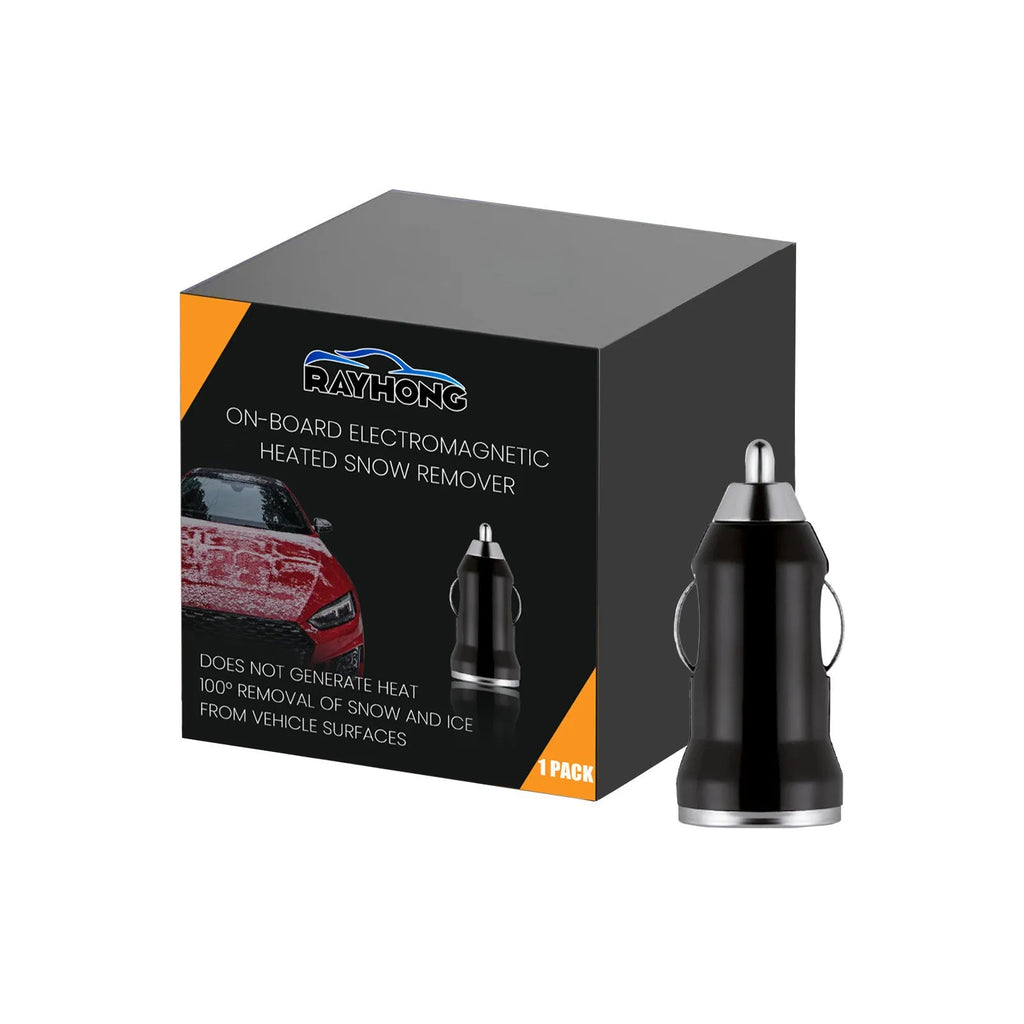 Black portable car deicer and charger unit measuring 5.5 by 2.3 centimetres