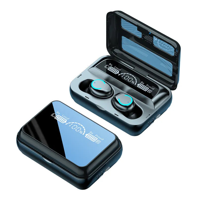 Mini sports in-ear Bluetooth headset with charging bay in black, touch controls, and magnetic nano-charging