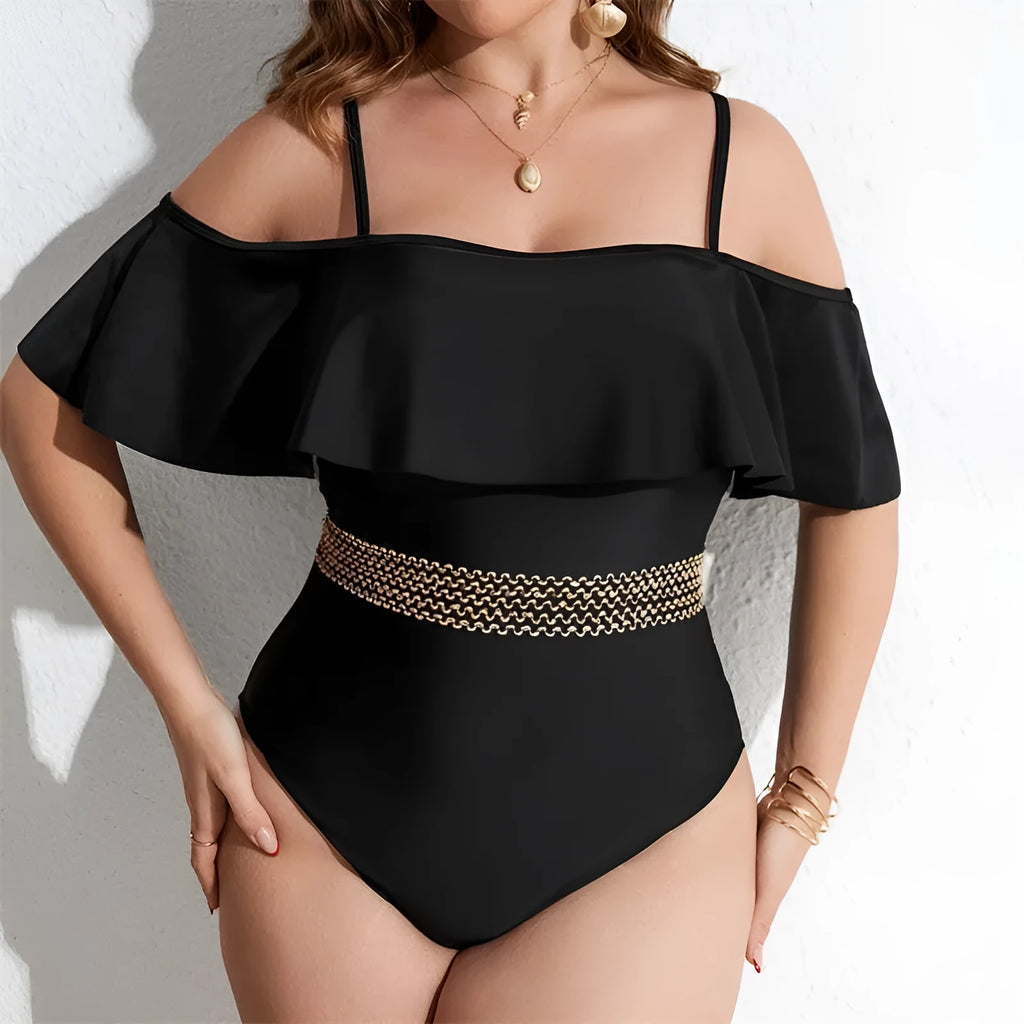 Black women's one-piece polyester swimsuit on a hanger