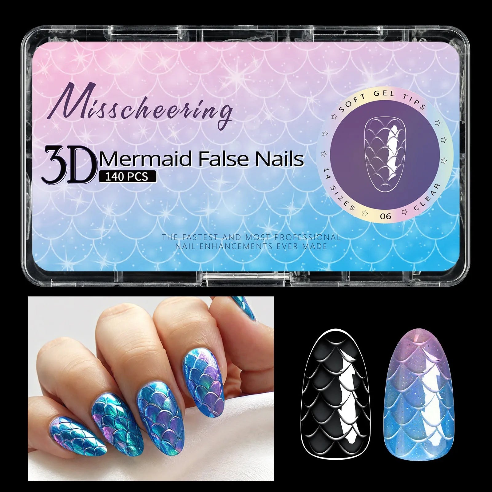 3D scale long shaping nail tips in colour-coded packaging for professional manicures