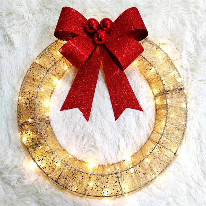 Gold and green 50cm LED Christmas wreath with large fabric bowknot and warm white lights