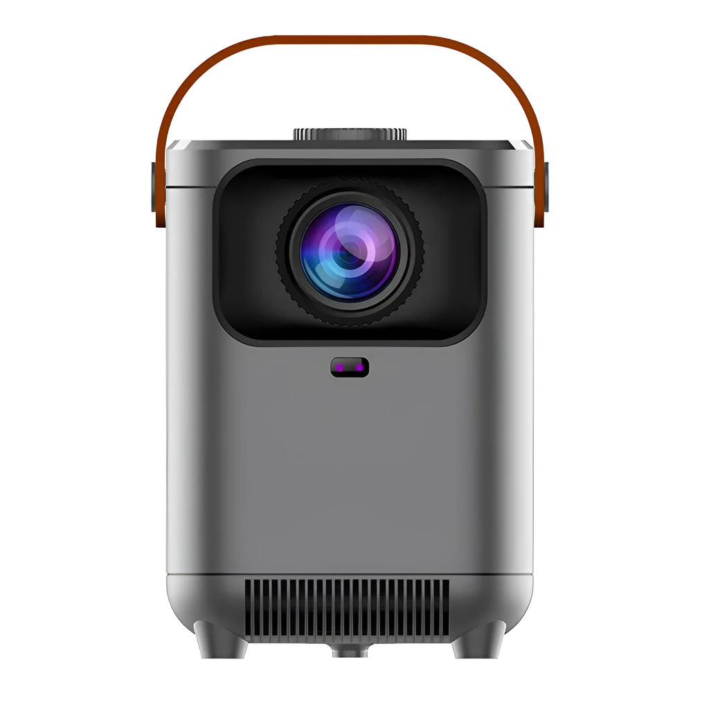 Portable all-in-one HD projector in gray with 720p resolution and 120 lumens brightness