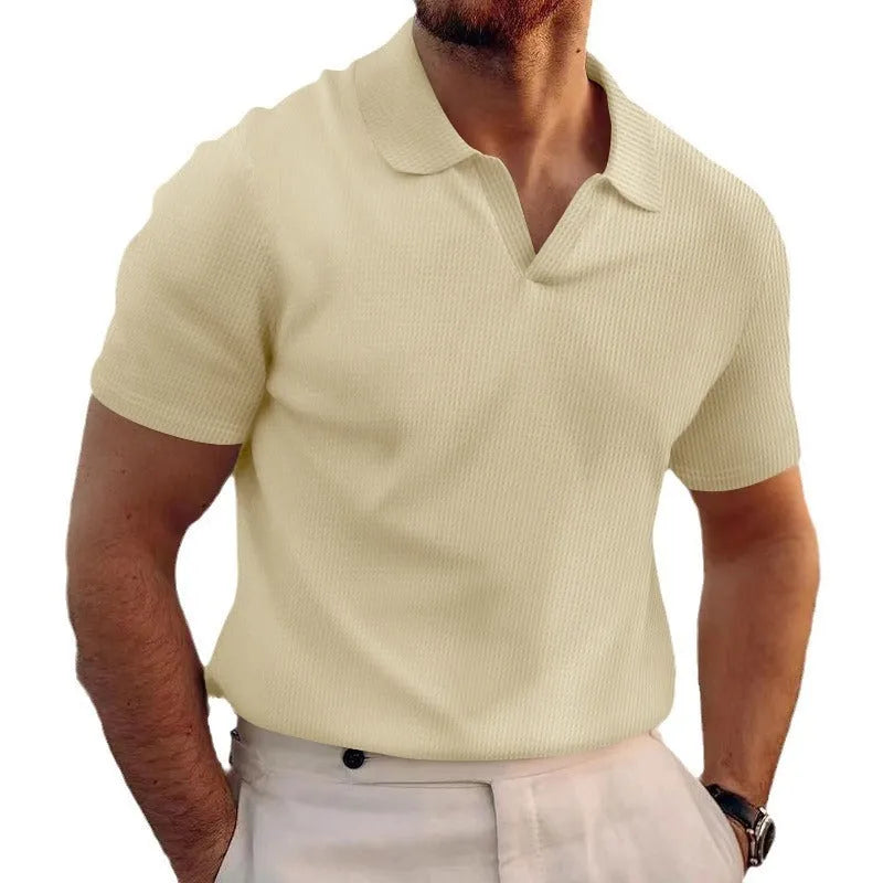 Men's slim-fit lapel collar T-shirt with a heavy waffle texture, shown in a solid colour.