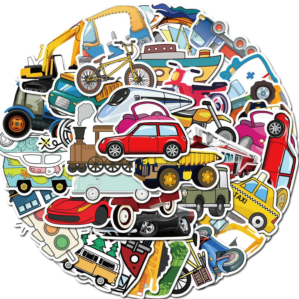 40 cartoon vehicle graffiti stickers in 4-6cm sizes with car and excavator designs for luggage and laptops
