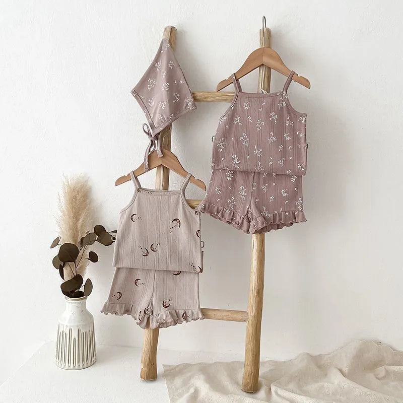 Girls' Camisole Shorts Two-piece Set Breathable Home Clothing Cotton Summer Casual Pyjama Set for Kids Ages 2-6 Years Pink Floret Beige Small Flower Moon Blue Rabbit Multiple Sizes 90-140cm