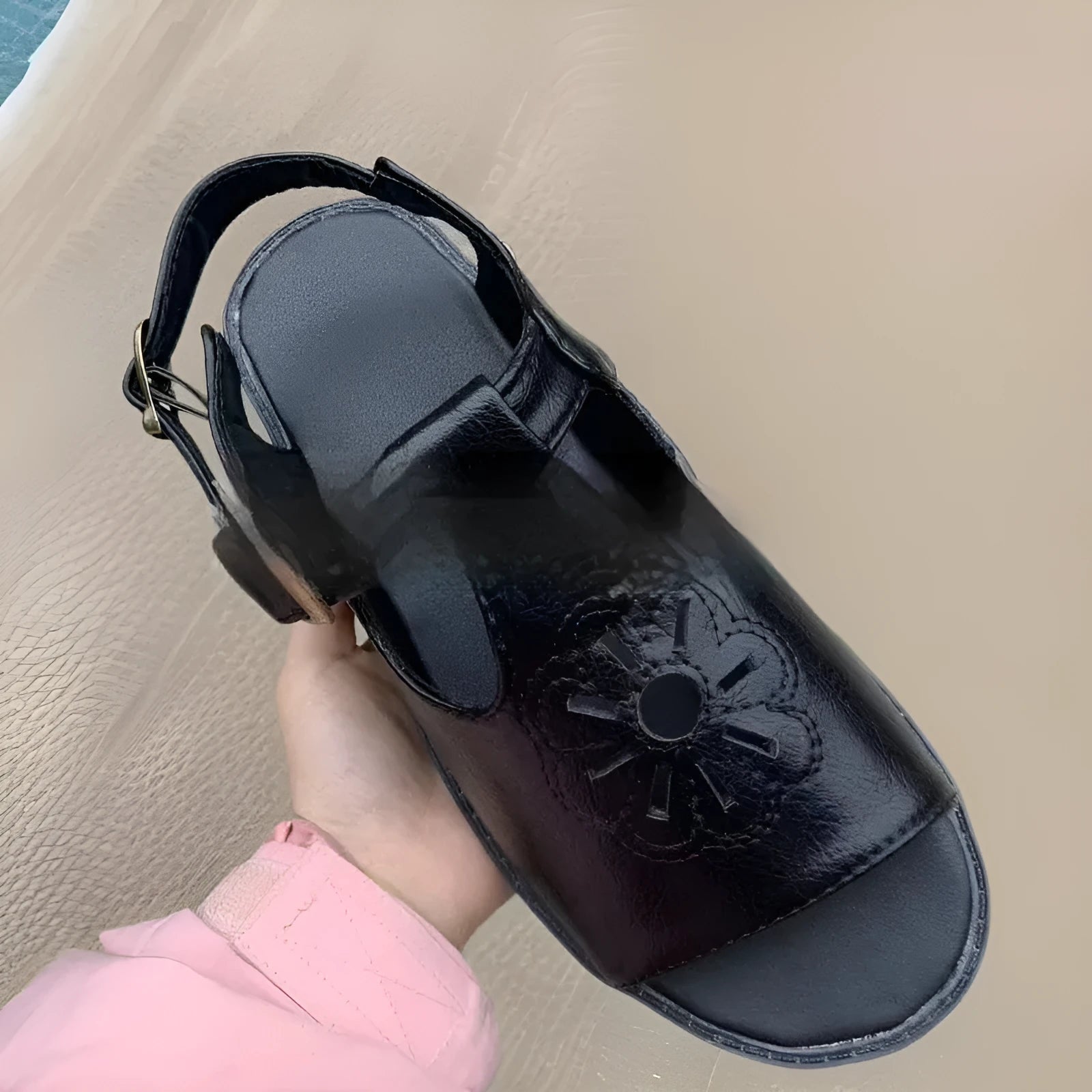 Men's embroidered beach sandals with floral pattern on black PU leather upper, flat heel design