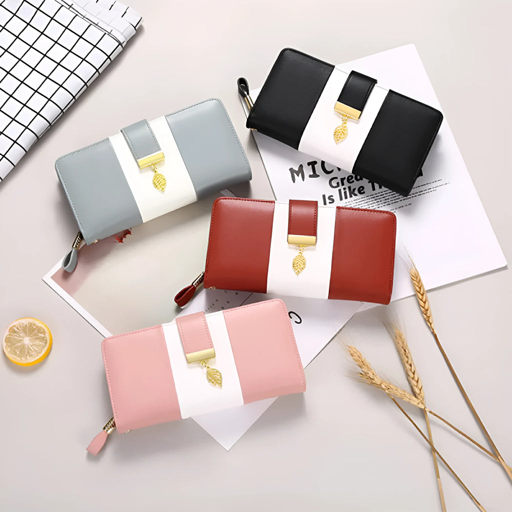 Midnight black women's anti-theft clutch bag with gold-tone lock, showing interior microfiber lining and card slots.