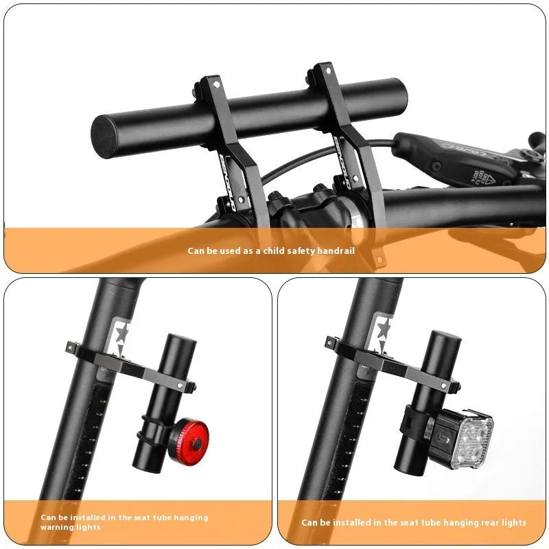 Bicycle aluminium alloy extension bracket for handlebars in black finish on a mountain bike