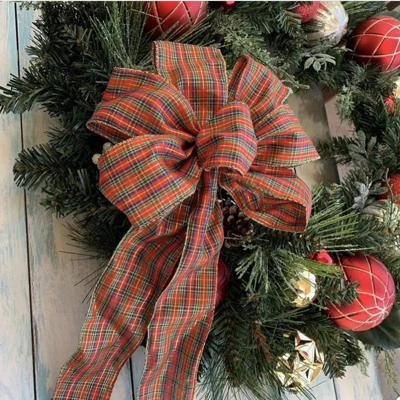 Red woolen plaid polyester velvet burlap bow for Christmas wreath decor