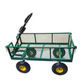 Green four wheel hand push net cart with iron frame and terrain rubber wheels, 350kg capacity