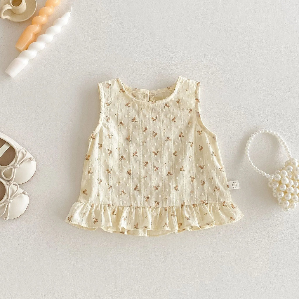 Children's cotton sleeveless top and casual trousers two-piece set in cream apricot colour