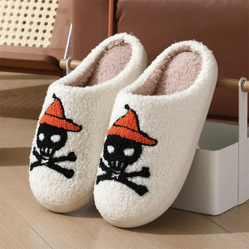 Halloween skull rose slippers with thickened plush upper and TPR sole, white background
