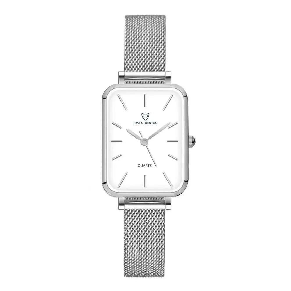 Rose gold or silver women's waterproof quartz watch with alloy case and woven steel strap.