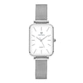 Rose gold or silver women's waterproof quartz watch with alloy case and woven steel strap.