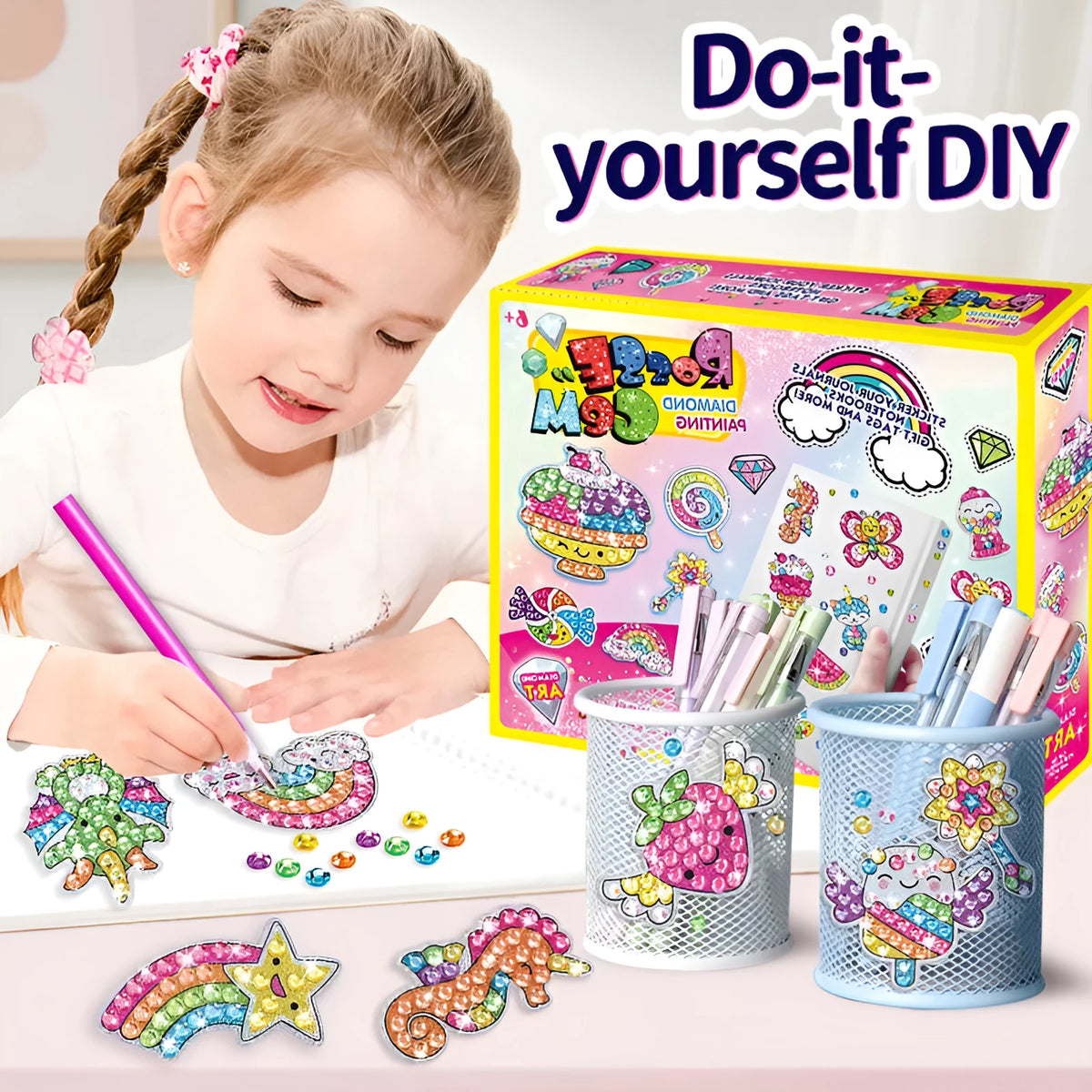 Plastic diamond sticker refrigerator magnet set in colour box with note paper, size 25x20x4.8cm