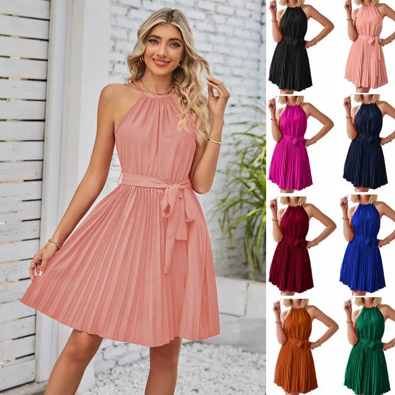 Women's halter strapless chiffon dress with pleated midi skirt and adjustable waist belt
