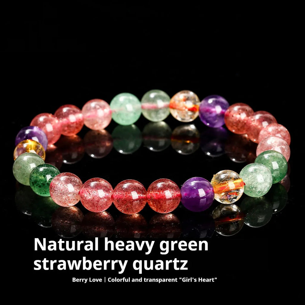 A women's bracelet with pink strawberry quartz and natural tourmaline beads in geometric shapes, showing 7mm, 8mm, and 9mm size options.