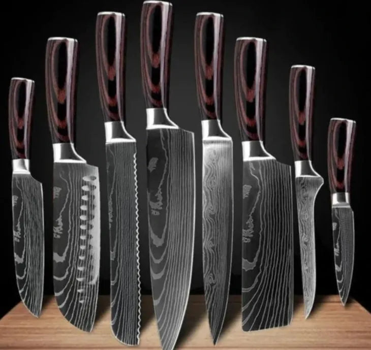 7Cr17 stainless steel kitchen knife with laser Damascus pattern on blade and colour steel handle.