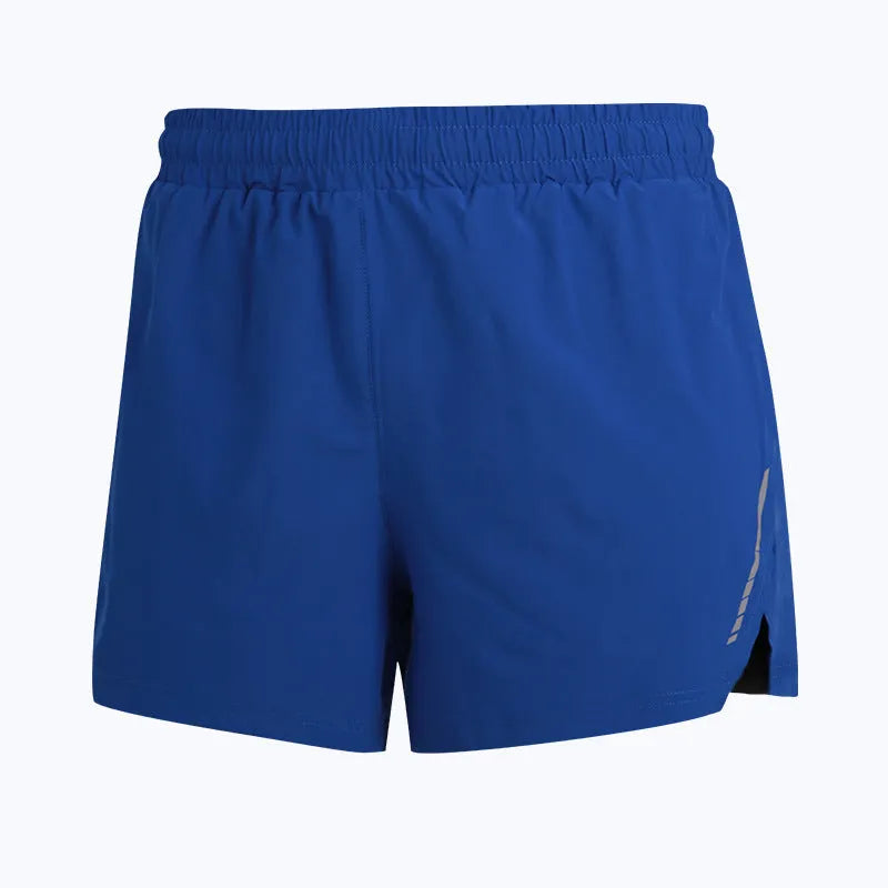 Straight-leg running shorts in grey, shown on a neutral model, highlighting the quick-dry polyester fabric.