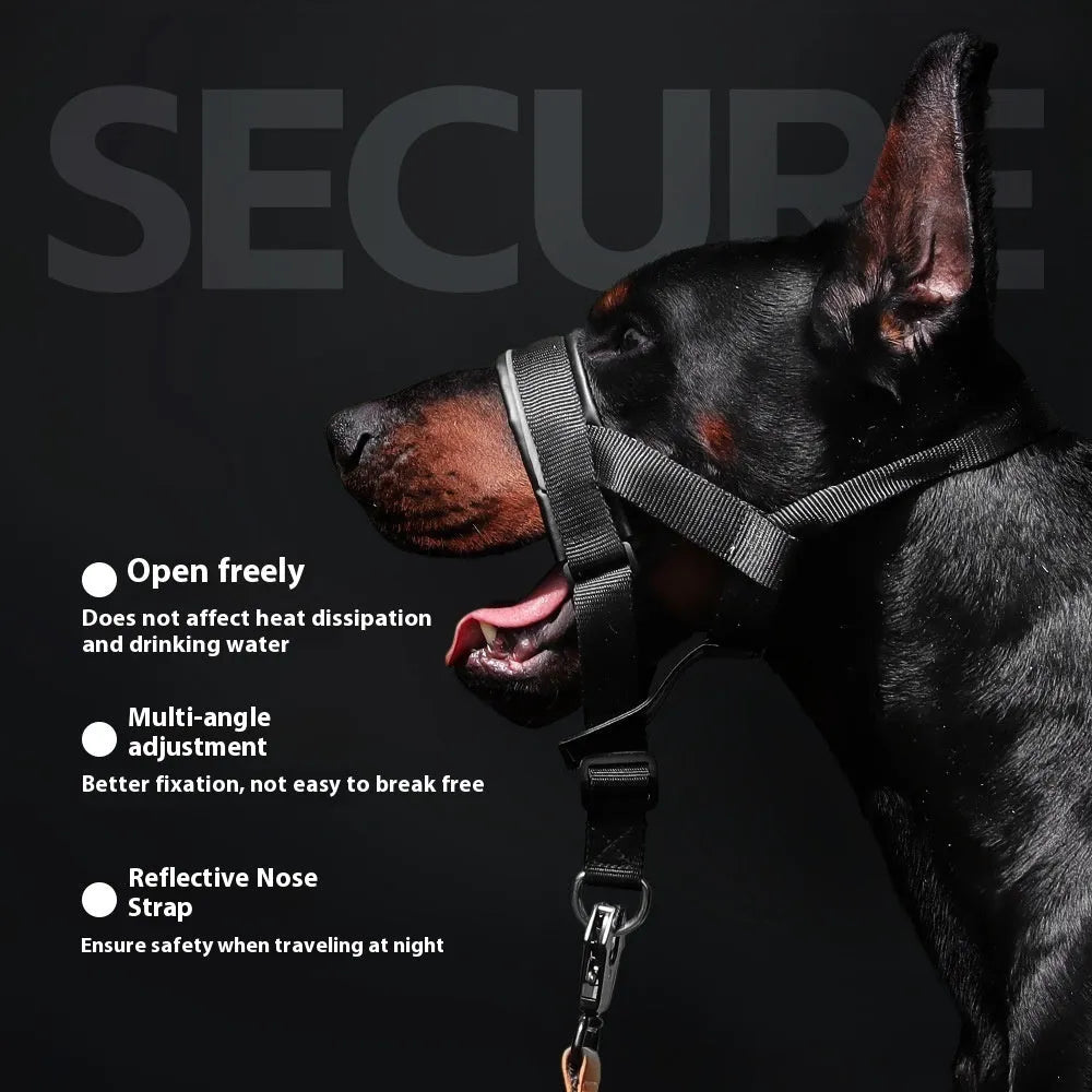 Leather anti-bite anti-bark dog mouth cover in black for medium to large dogs, adjustable with strap