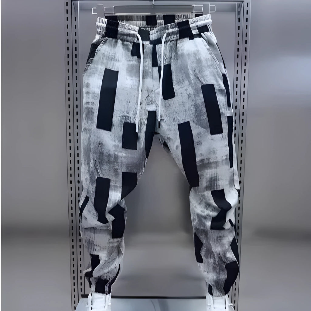 Men's Ice Silk loose trousers in black with high waist drawstring and ankle strap straight leg for summer