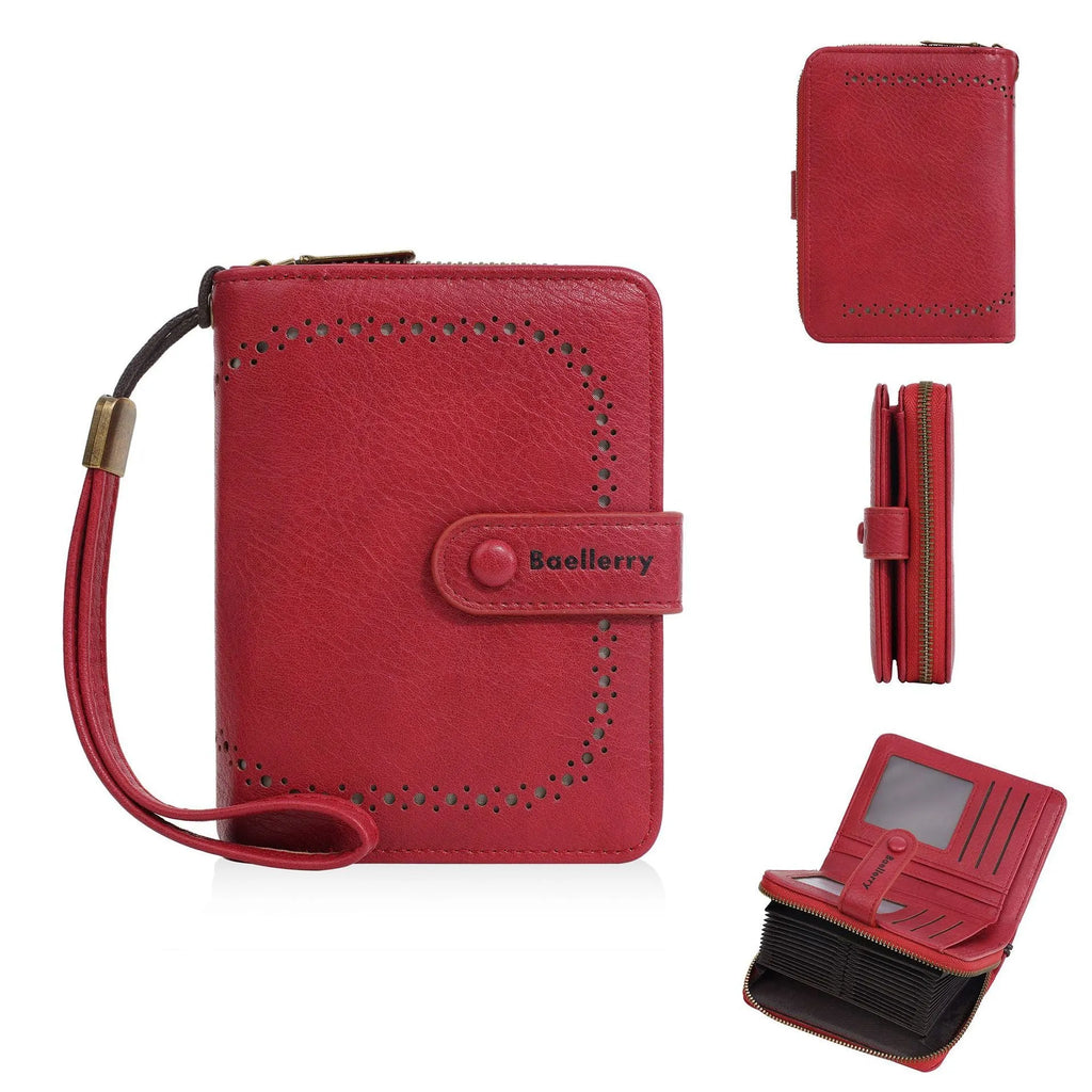 Women's black PU coin purse with zipper, showing integrated card slots inside.