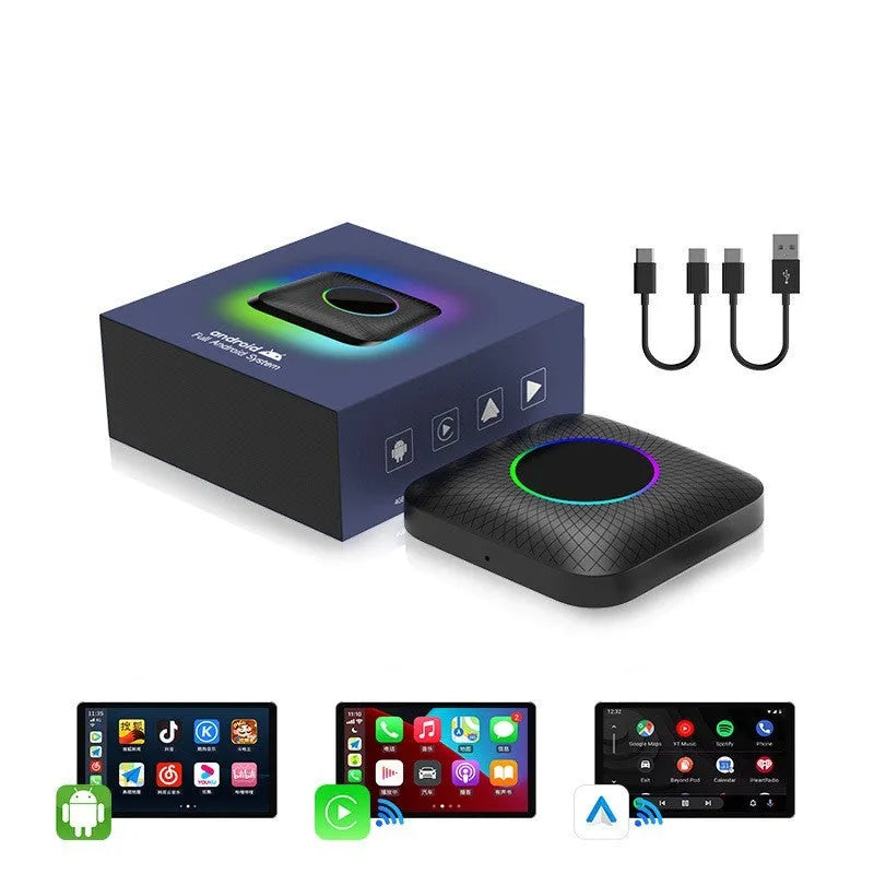Car wired to wireless CarPlay and Android Auto conversion box with data cables.