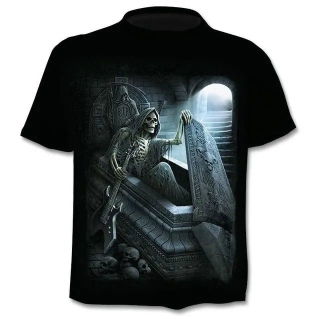 Men's punk Gothic skull print T-shirt round neck regular sleeve multiple colours sizes XS to 6XL