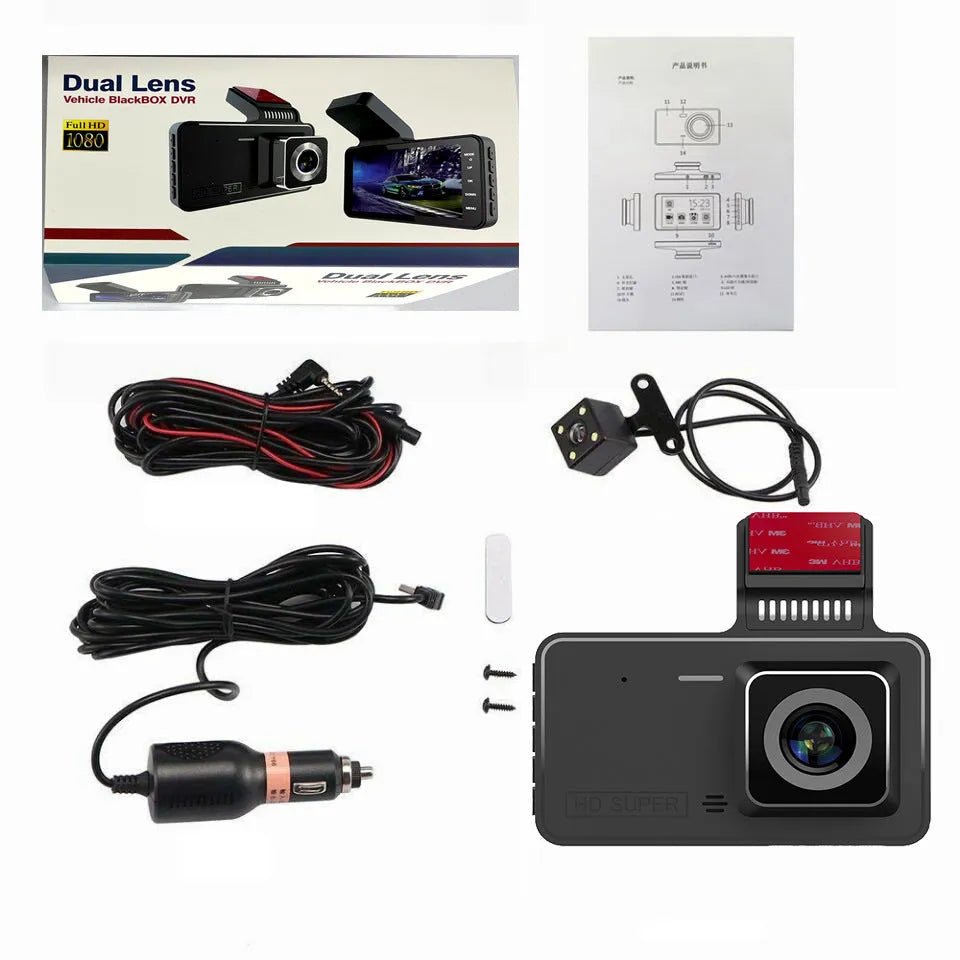 4-inch touch screen dual lens car dashcam with adhesive mount showing front and rear recording capability