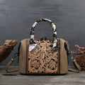 Brown genuine leather vintage-style messenger bag with a front flap, showing its textured cowhide material and brass hardware.