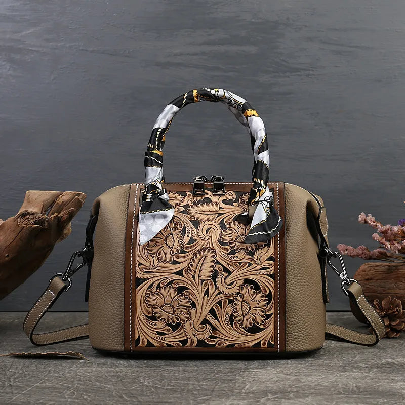 Brown genuine leather vintage-style messenger bag with a front flap, showing its textured cowhide material and brass hardware.