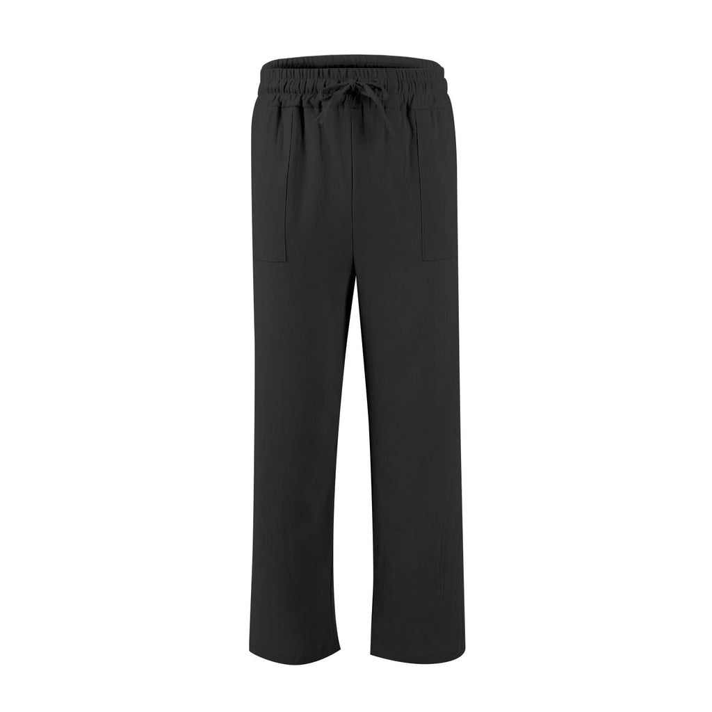 Men's straight-leg casual trousers in a cotton linen blend with a drawstring elastic waist.