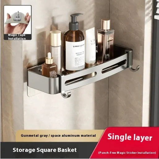 Gun grey triangle-shaped bathroom shelf with adhesive wall mount and optional towel rod.