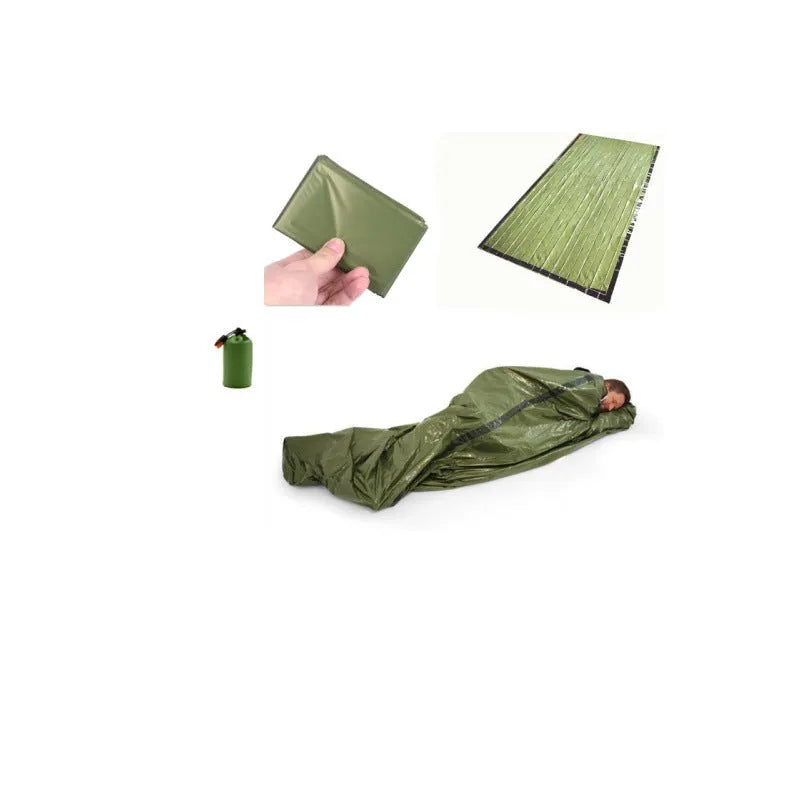 Aluminium film emergency sleeping bag in orange or green, 93x210cm, with drawstring bag and whistle.