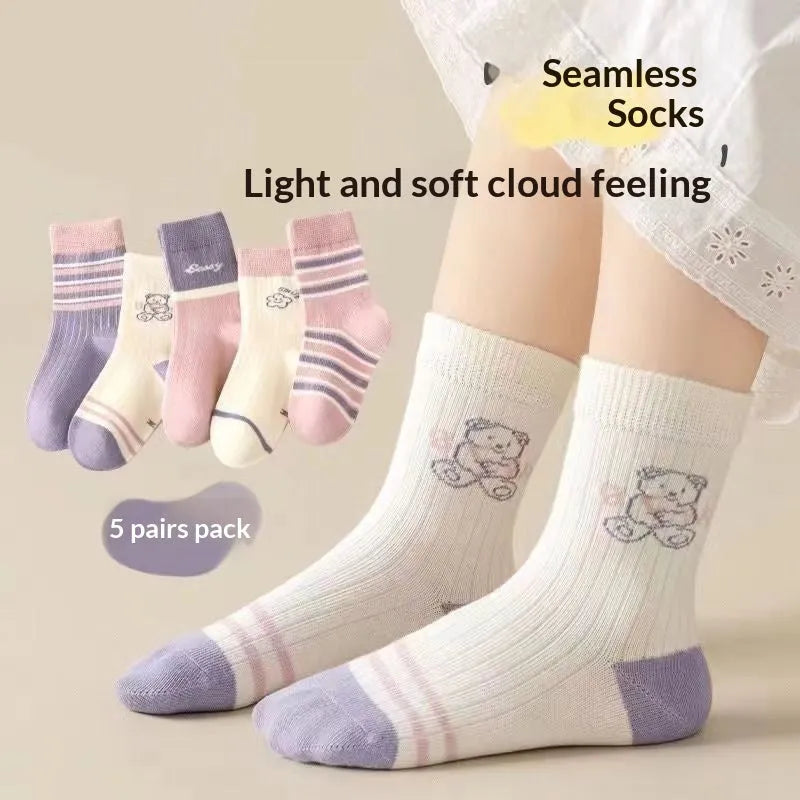 Pack of five children's cotton mid-calf socks with lace detail in Baby Bear, Rainbow Pony, and Leopard Bear colourways