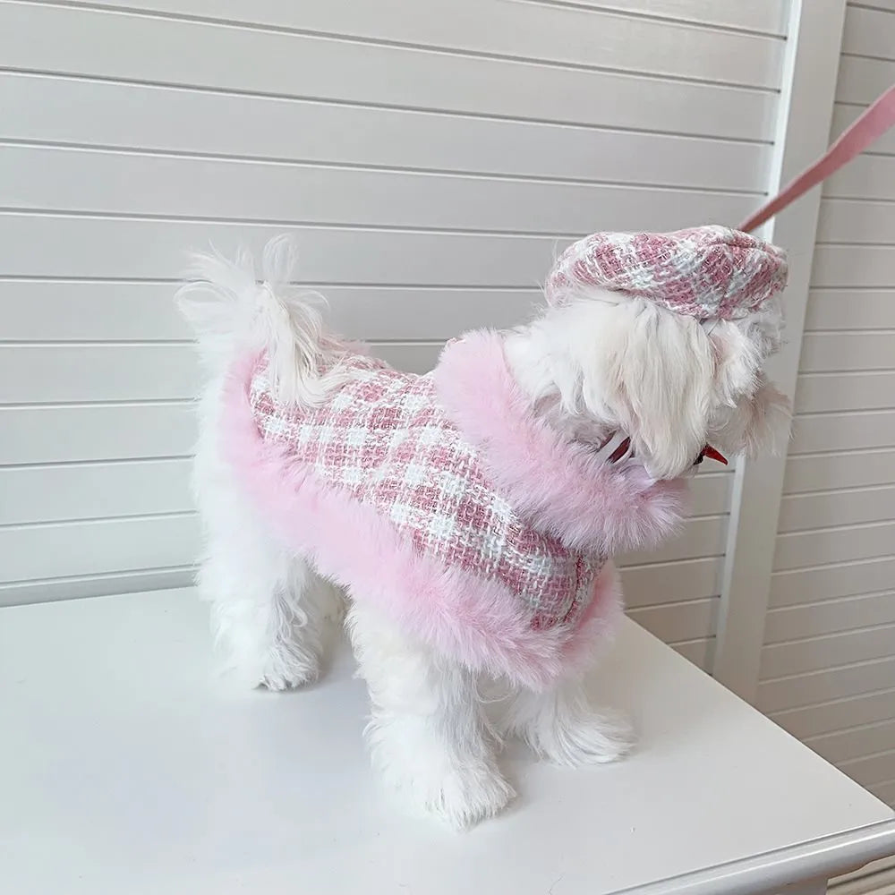 Pink cat costume cloak with matching beret and hand-held rope for female feline dress-up