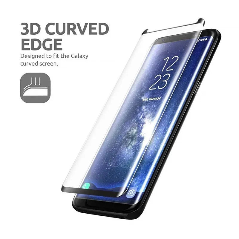 3D tempered glass screen protector for Samsung Galaxy phones shown with black border and transparent edge options.