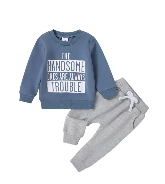 Baby knit cotton pullover sweater and trousers suit in navy blue for ages 0-3T
