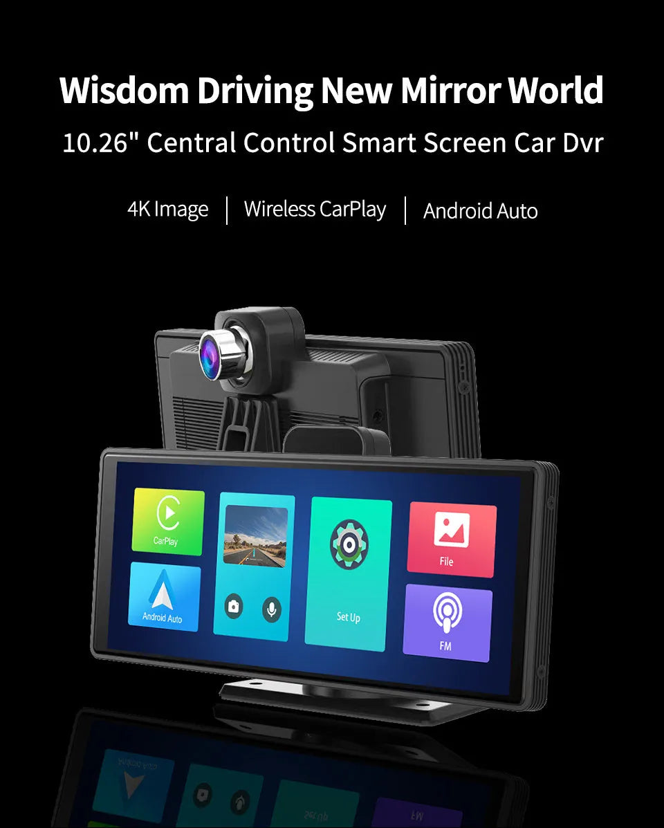 R33 12-inch touchscreen dual dash cam mounted on car windscreen showing front and rear camera split-screen view.