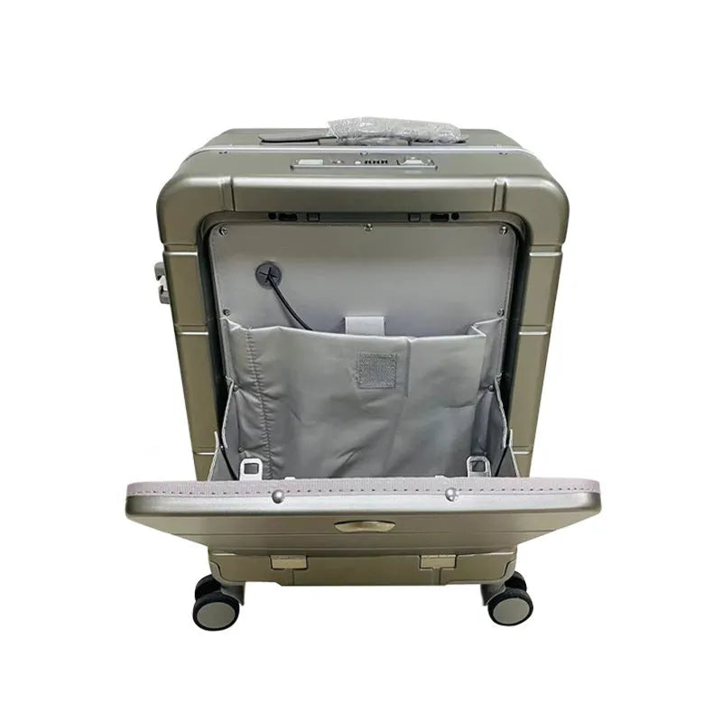 Front-opening 20-inch hard-shell suitcase in multiple colours showing dry-wet separation compartment and external holders.