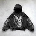 Hooded printed cotton sweatshirt in black or grey with hand-painted pattern, streetwear hip hop style, sizes M to XXL