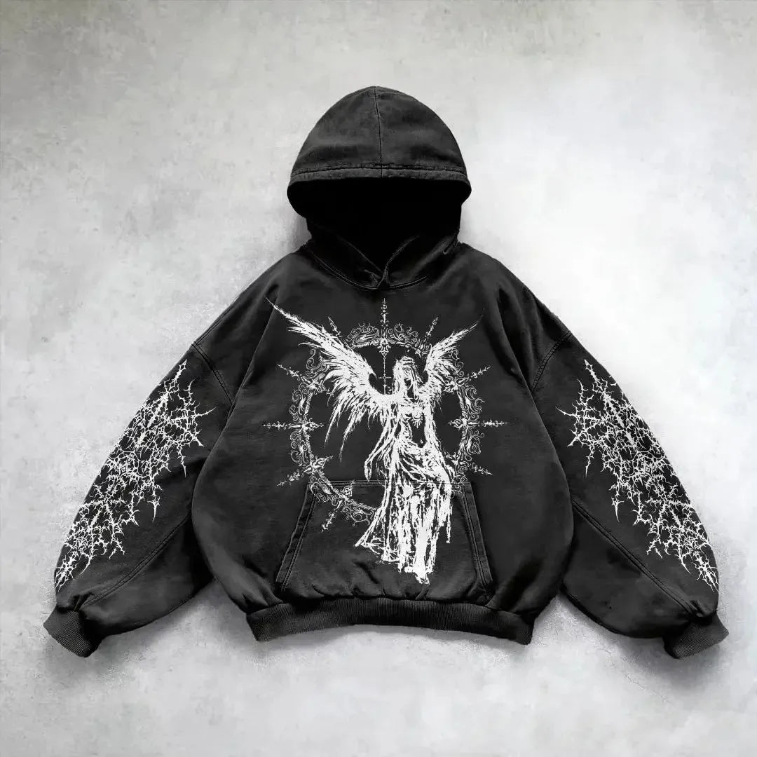 Hooded printed cotton sweatshirt in black or grey with hand-painted pattern, streetwear hip hop style, sizes M to XXL
