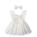 White lace baby dress with pleated skirt and butterfly flower design, suitable for 59-90cm height