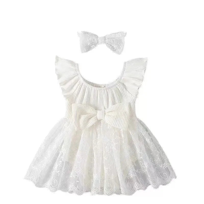 White lace baby dress with pleated skirt and butterfly flower design, suitable for 59-90cm height