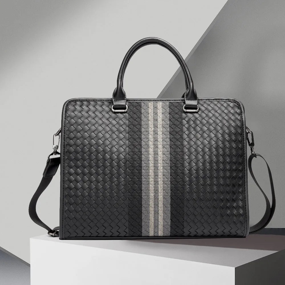 Black PU leather stitching woven business casual men's briefcase with shoulder strap and crossbody carry