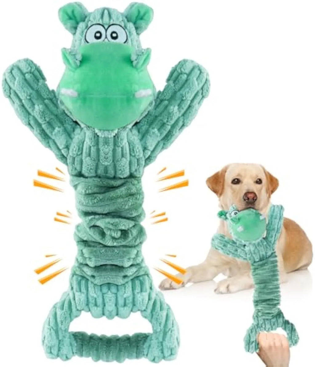 Large bright coloured soft plush dog toy with a handle, suitable for squeaky and tug of war play.