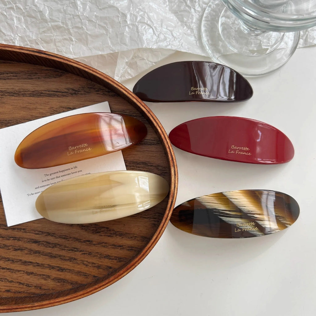Mingshangjia French style acetic acid oval low ponytail hairpin in wine red with baking varnish finish for women
