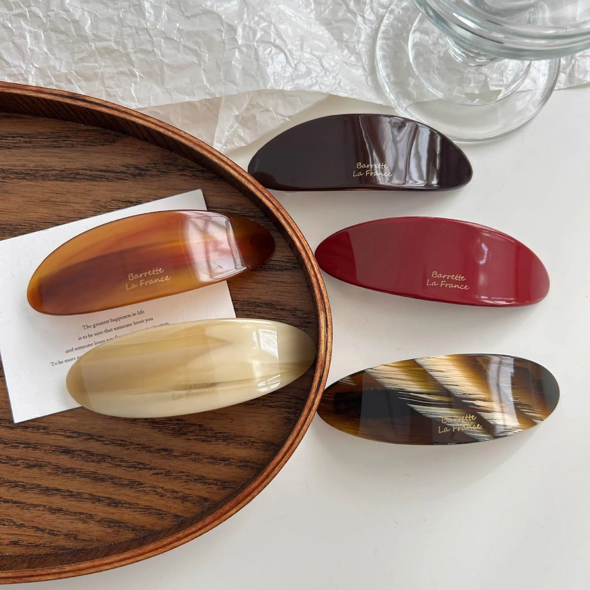 Mingshangjia French style acetic acid oval low ponytail hairpin in wine red with baking varnish finish for women
