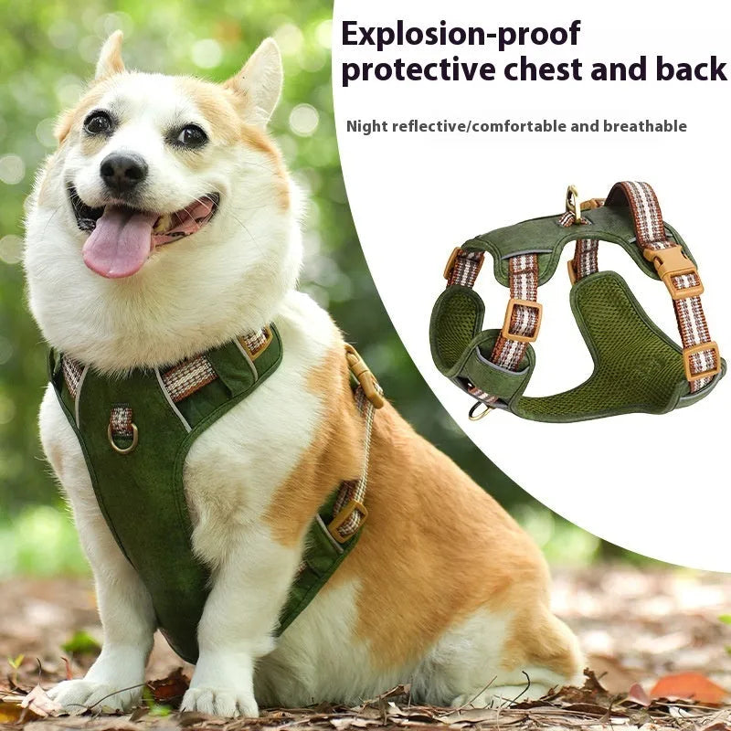 Brown leather explosion-proof reflective pet harness for dogs with chest strap design